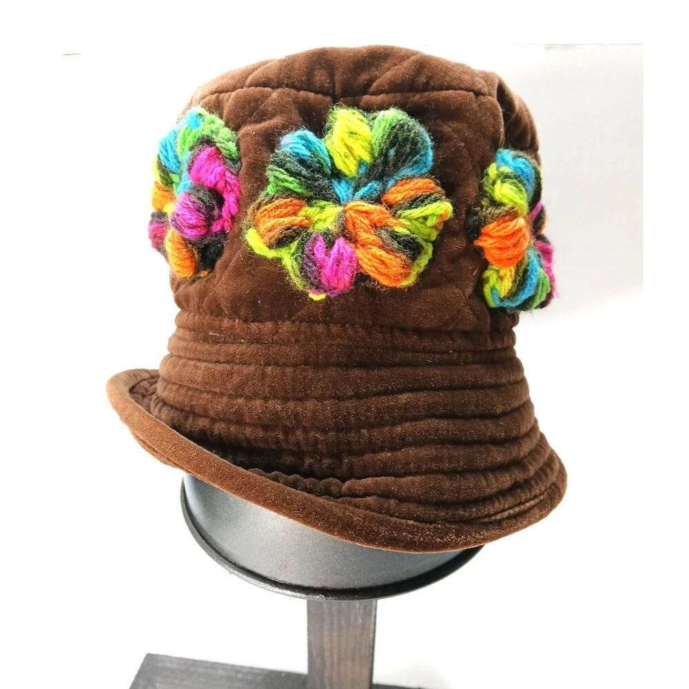 Bucket Hat Upcyled Colorful Crochet Puff Flowers 100% Cotton Onsize Velvet Feel